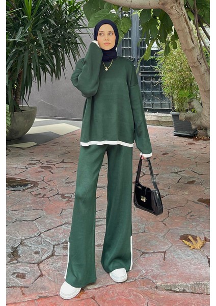 Pantolon Yırtmaçlı Triko Takım Zümrüt Yeşili