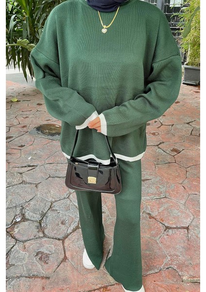 Pantolon Yırtmaçlı Triko Takım Zümrüt Yeşili modelleri