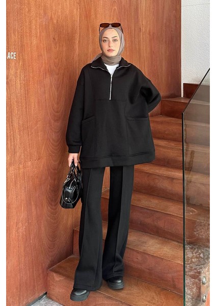 Yarım Fermuarlı Üç Iplik Tesettür Takım Siyah