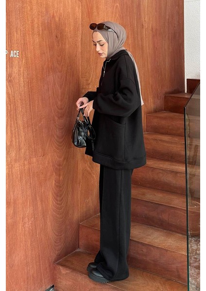 Yarım Fermuarlı Üç Iplik Tesettür Takım Siyah fiyatları