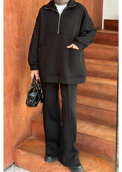 Yarım Fermuarlı Üç Iplik Tesettür Takım Siyah modelleri