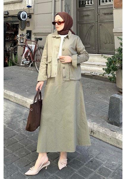 Cep Detaylı Ikili Etek Tesettür Takım Haki