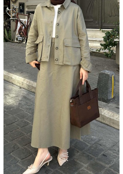 Cep Detaylı Ikili Etek Tesettür Takım Haki modelleri