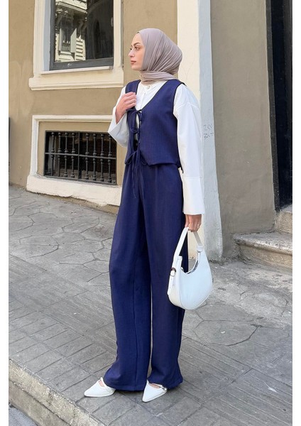 Bağlama Detaylı Yelek-Pantolon Ikili Takım Lacivert fiyatları