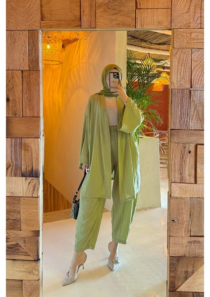 Gofre Kimono Ikili Tesettür Takım Mint Yeşili