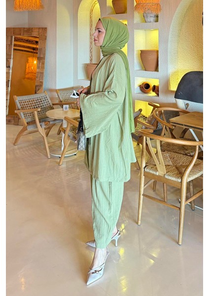 Gofre Kimono Ikili Tesettür Takım Mint Yeşili