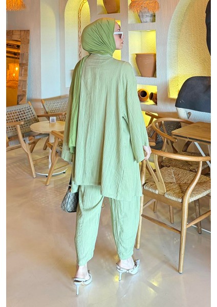 Gofre Kimono Ikili Tesettür Takım Mint Yeşili