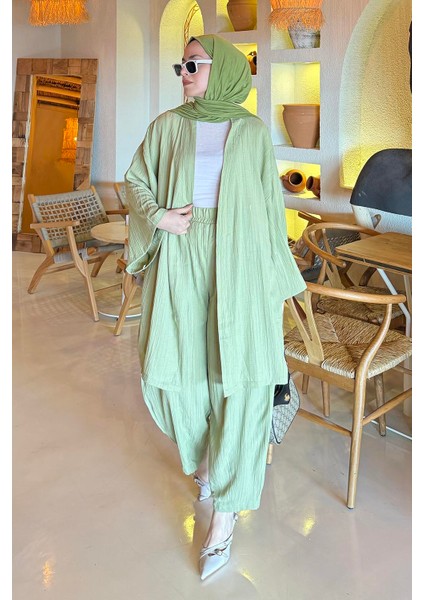 Gofre Kimono Ikili Tesettür Takım Mint Yeşili