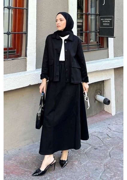 Cep Detaylı Ikili Etek Tesettür Takım Siyah