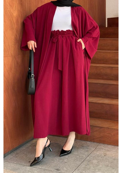 Ön Kemer Detaylı Kimono Pantolon Tesettür Takım Bordo modelleri