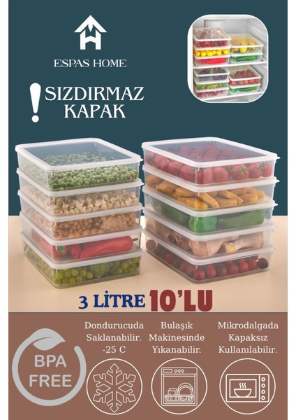 10'lu Sızdırmaz Freshbox Saklama Kabı – Mikrodalga ve Buzdolabı Uyumlu / 3000 ml – Şeffaf