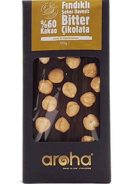 %60 Kakao Fındıklı Şeker İlavesiz Bitter Çikolata - Stevia ile Tatlandırılmıştır - 100 gr