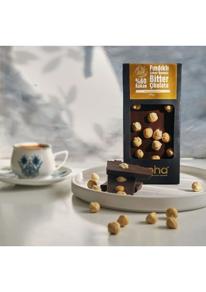 %60 Kakao Fındıklı Şeker İlavesiz Bitter Çikolata - Stevia ile Tatlandırılmıştır - 100 gr modelleri