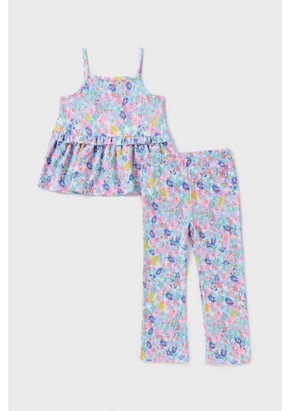 Kız Çocuk Renkli Çiçek Desenli Yazlık Askılı Bluz & Pantolon Ikili Takım