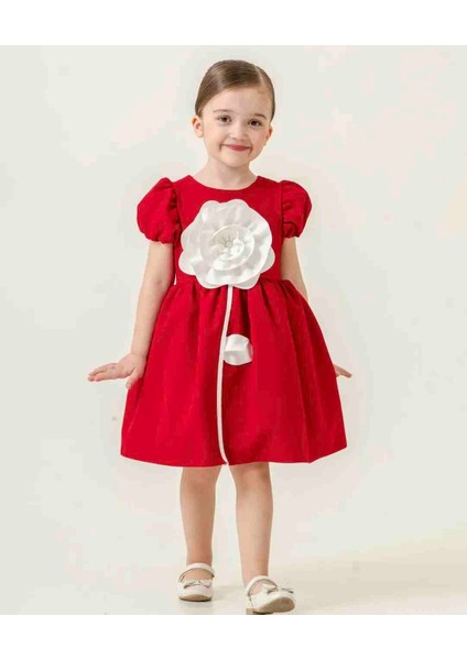 Gül Motifli Kız Çocuk Kırmızı Elbise