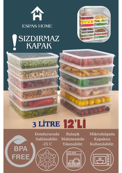 12'li Sızdırmaz Freshbox Saklama Kabı – Mikrodalga ve Buzdolabı Uyumlu / 3000 ml – Şeffaf
