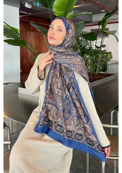 Retro Desen Pamuk Şal Pamuk Indigo Bej 70 x 180 cm