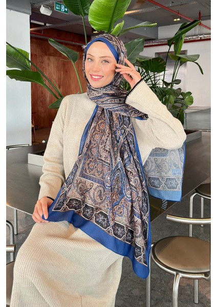 Retro Desen Pamuk Şal Pamuk Indigo Bej 70 x 180 cm modelleri
