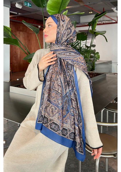 Retro Desen Pamuk Şal Pamuk Indigo Bej 70 x 180 cm fırsatları