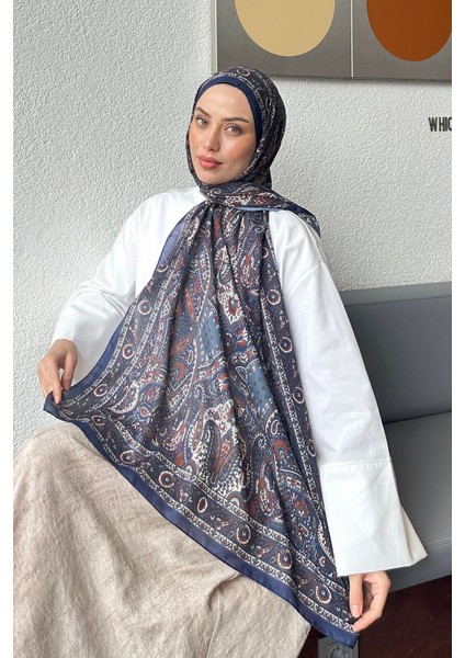 Retro Desen Soft Şal Lacivert