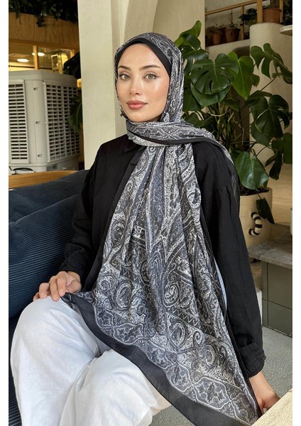 Retro Desen Pamuk Şal 70 x 180 cm Siyah Vizon Renk