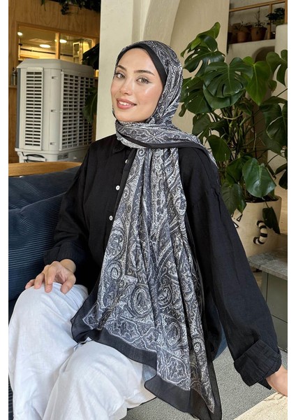 Retro Desen Pamuk Şal 70 x 180 cm Siyah Vizon Renk fiyatları