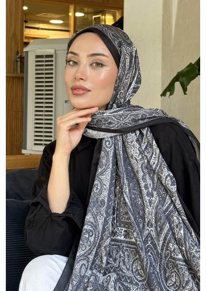 Retro Desen Pamuk Şal 70 x 180 cm Siyah Vizon Renk modelleri