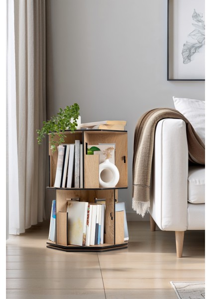 360 Derece Dönebilir Ahşap Kitaplık 2 Katlı Meşe-DK20M fırsatları