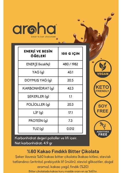İkili Avantaj Paket %60 Kakao Fındıklı Şeker İlavesiz Bitter Çikolata - Stevia ile Tatlandırılmıştır - 100 g x 2 Adet indirimleri