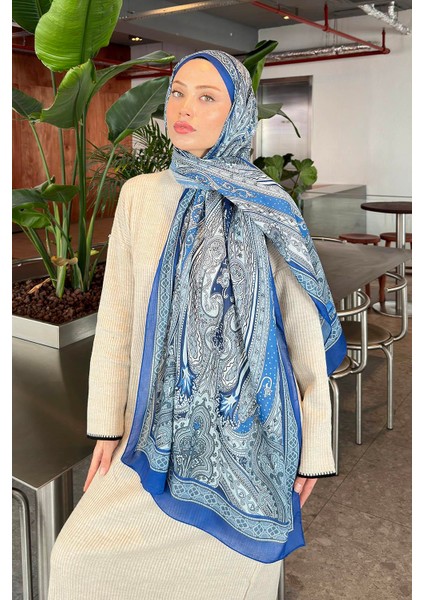 Retro Desen Pamuk Şal 70 x 180 cm Mavi