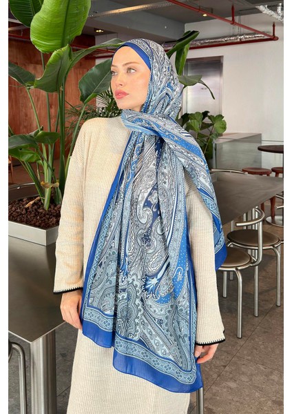 Retro Desen Pamuk Şal 70 x 180 cm Mavi modelleri