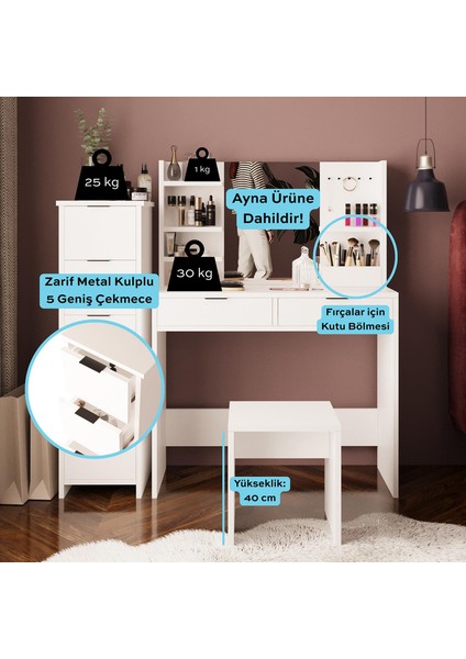 U5050 Diena 5+2 Çekmeceli Dolaplı Tabureli Takı Düzenleyicili Makyaj Masası Beyaz fiyatları