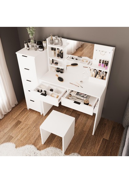 U5050 Diena 5+2 Çekmeceli Dolaplı Tabureli Takı Düzenleyicili Makyaj Masası Beyaz fırsatları