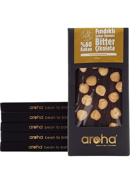 Altılı Avantaj Paket %60 Kakao Fındıklı Şeker İlavesiz Bitter Çikolata - Stevia ile Tatlandırılmıştır - 100 g x 6 Adet