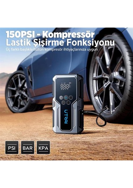 Utrai Js-9 12-24V Akü Şarj Powerbank Lastik Hava Kompresörü Şişirici Taşınabilir Dijital Kablosuz El Feneri modelleri