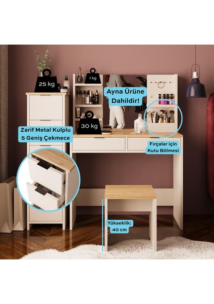 U5060 Diena 5+2 Çekmeceli Tabureli Takı Düzenleyicili Makyaj Masası Kumtaşı & Sepet fiyatları