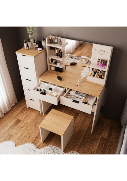 U5060 Diena 5+2 Çekmeceli Tabureli Takı Düzenleyicili Makyaj Masası Kumtaşı & Sepet fırsatları