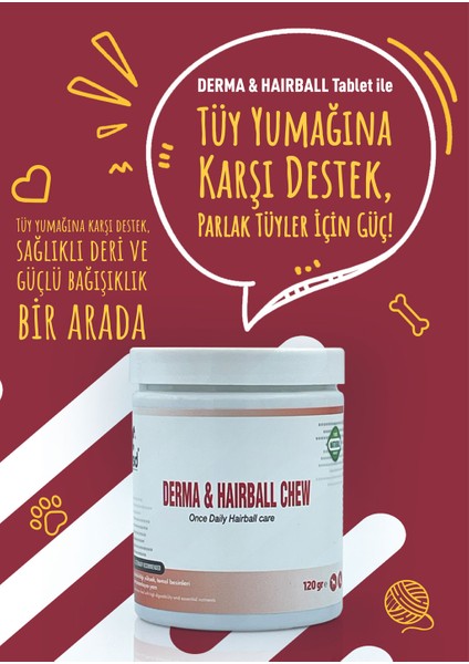 Derma Hairball 120G Chew Tablet Kediler Için Tüy Yumağı, Dökülmesi Engelleyici