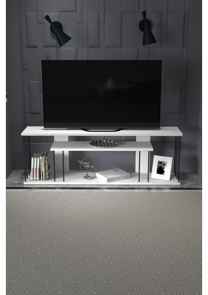 Tv Sehpası Tv Ünitesi Raflı 140 cm Gzd Plus Beyaz