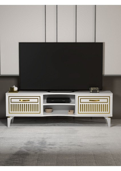 Tv Sehpası Tv Ünitesi Vera Beyaz Gold Çizgili 5052 fiyatları