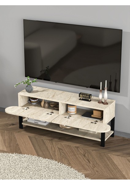 Tv Sehpası Tv Ünitesi Kapaklı Raflı Setro Traverten