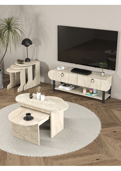 Tv Sehpası Tv Ünitesi Kapaklı Raflı Setro Traverten