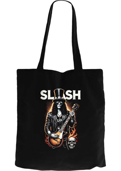 Slash Guitarist Skull Logo Siyah Kanvas Bez Çanta