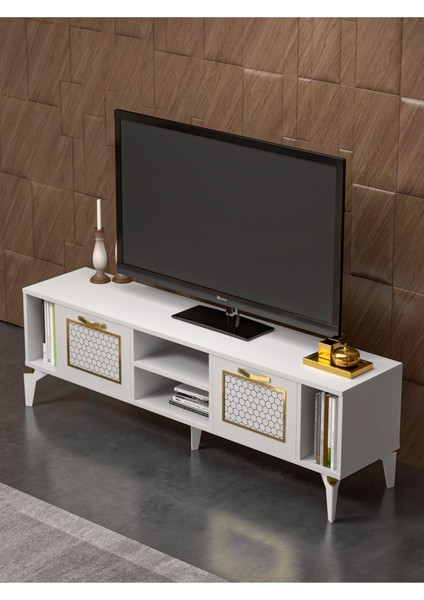 Tv Sehpası Tv Ünitesi Beyaz Gold 160 cm Linya 5042