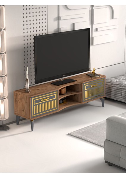 Tv Sehpası Tv Ünitesi Vera Atlantik Çam Antrasit Gold Çizgili 5050