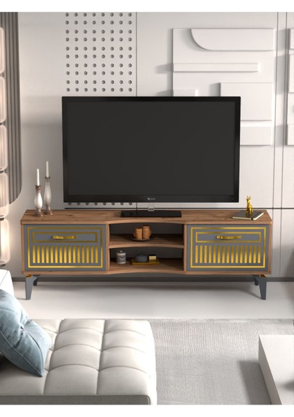Tv Sehpası Tv Ünitesi Vera Atlantik Çam Antrasit Gold Çizgili 5050 modelleri