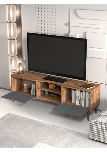 Tv Sehpası Tv Ünitesi Vera Atlantik Çam Antrasit Gold Çizgili 5050 indirimleri