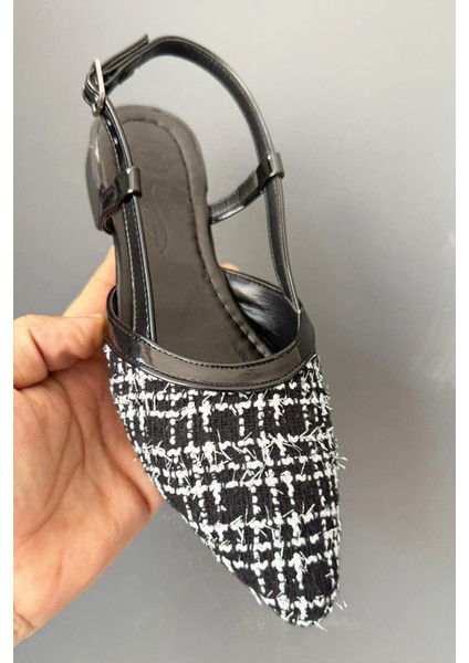 Kadın Tena Siyah Keten Arkası Acık Sivri Burun Günlük Babet