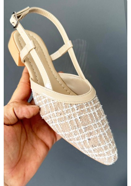 Kadın Günlük Babet Suni Deri Bej Renk Taşlı Tasarım 3 cm Düz Topuk