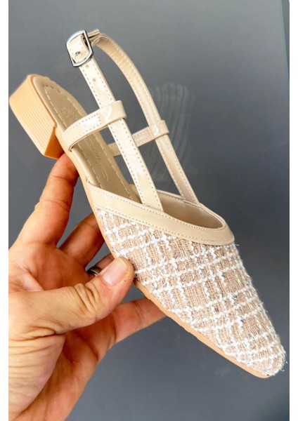 Kadın Günlük Babet Suni Deri Bej Renk Taşlı Tasarım 3 cm Düz Topuk fiyatları